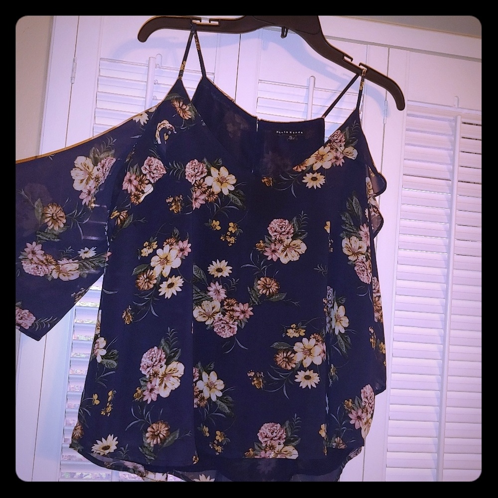 Navy foral top with open shoulders